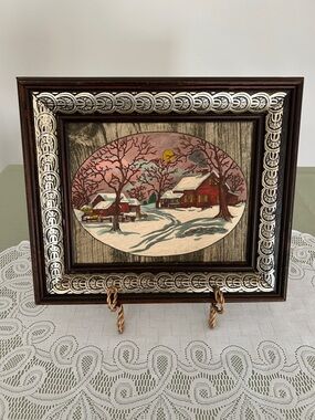 Vintage Paint By Number on Fabric Winter Cabin Art 13.5 x 11.5 in